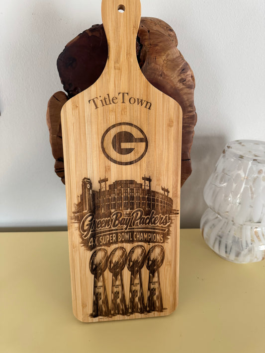 Green Bay Packers engraved bamboo charcuterie board - front view