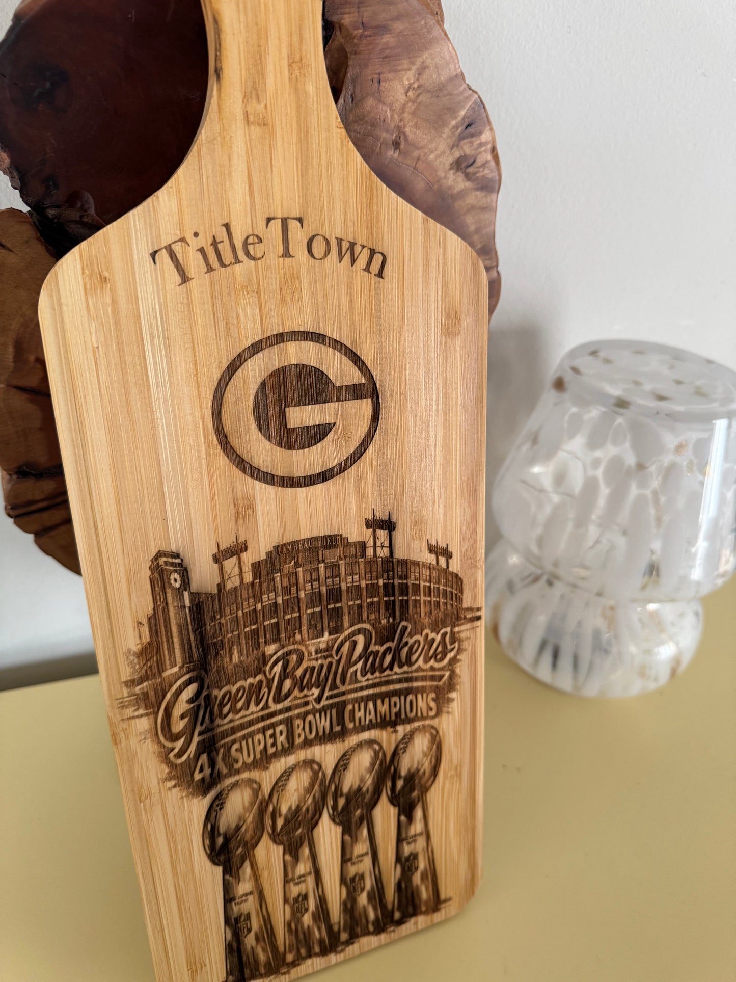 Green Bay Packers engraved bamboo charcuterie board - angle view