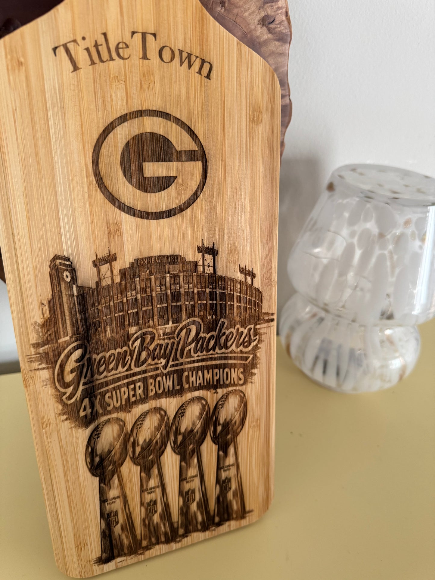 Green Bay Packers engraved bamboo charcuterie board - side view