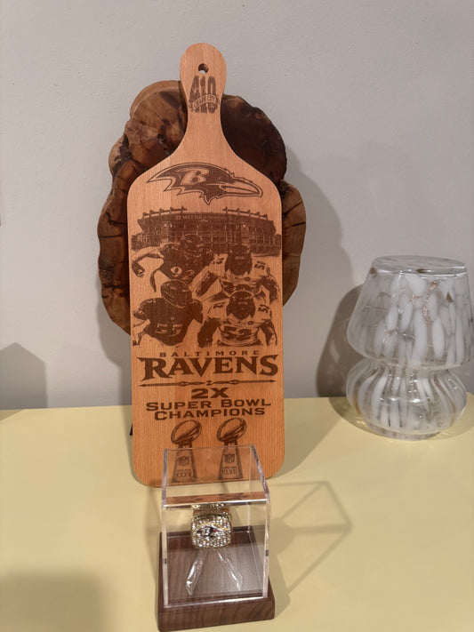 Baltimore Ravens Cutting Board & Super Bowl Ring